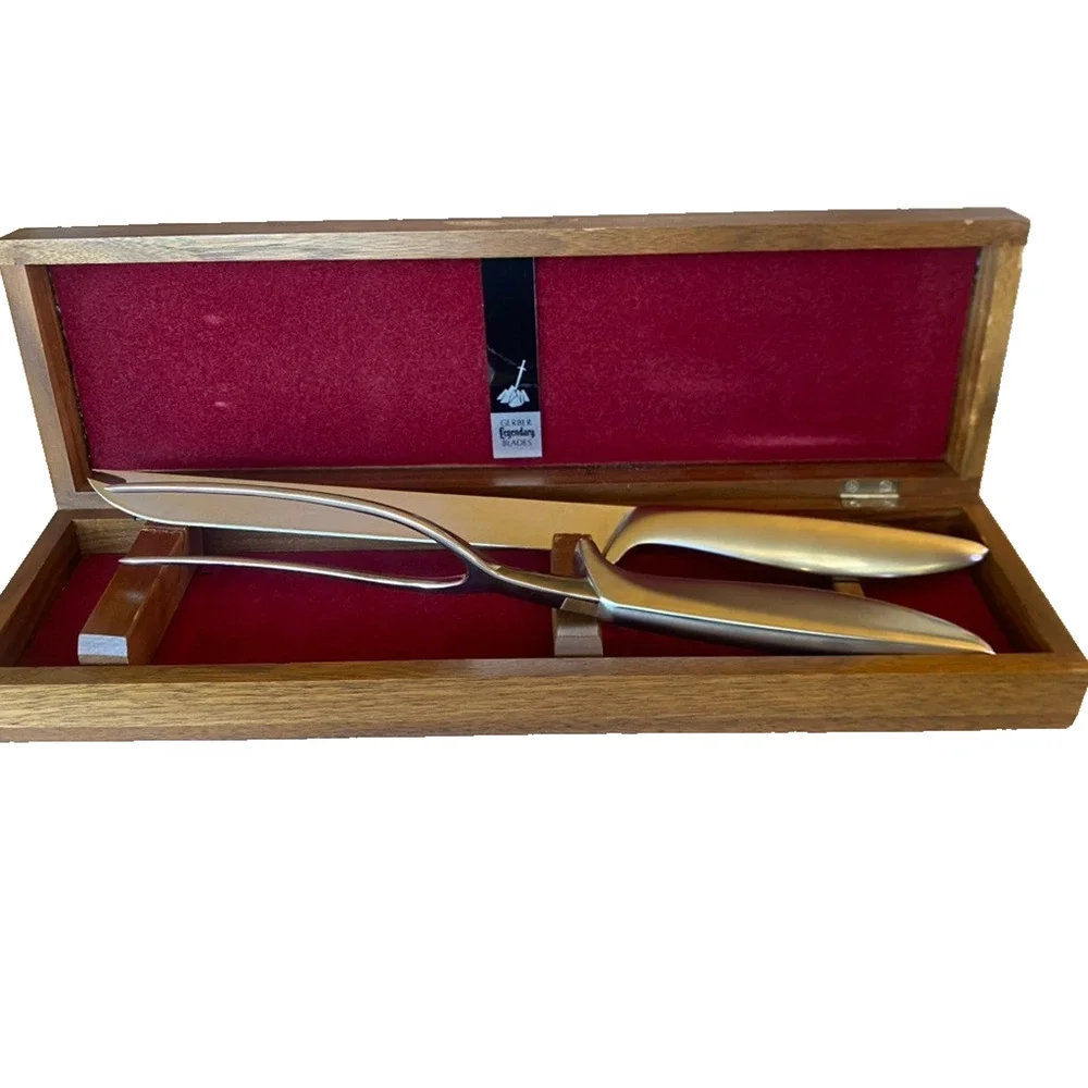 Vintage GERBER Legendary Blades 2 Pc Carving Set: Walnut Box Ron / Little Snick